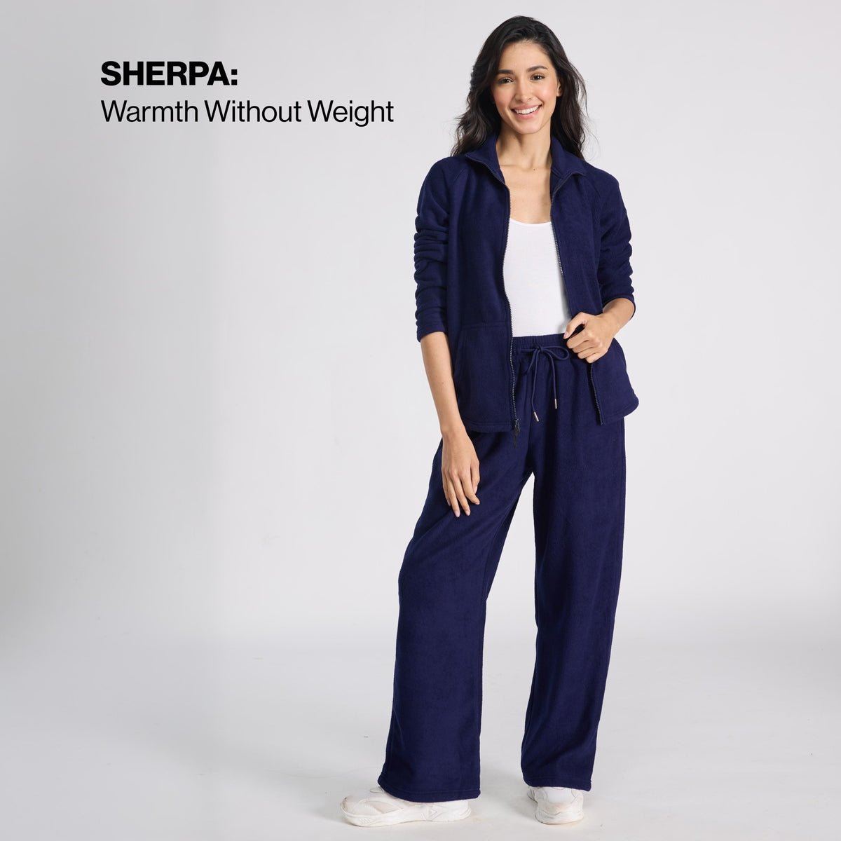 Cozy Sherpa Fleece Wide-Leg Lounge Pants with Side Pockets NYLE608 Navy