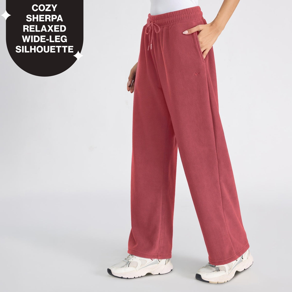 Cozy Sherpa Fleece Wide-Leg Lounge Pants with Side Pockets NYLE608 Pink