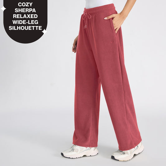 Cozy Sherpa Fleece Wide-Leg Lounge Pants with Side Pockets NYLE608 Pink
