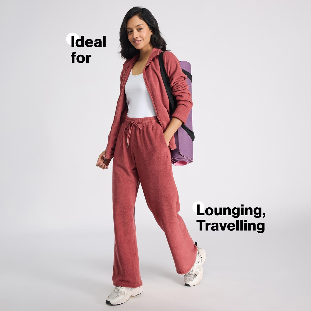 Cozy Sherpa Fleece Wide-Leg Lounge Pants with Side Pockets NYLE608 Pink