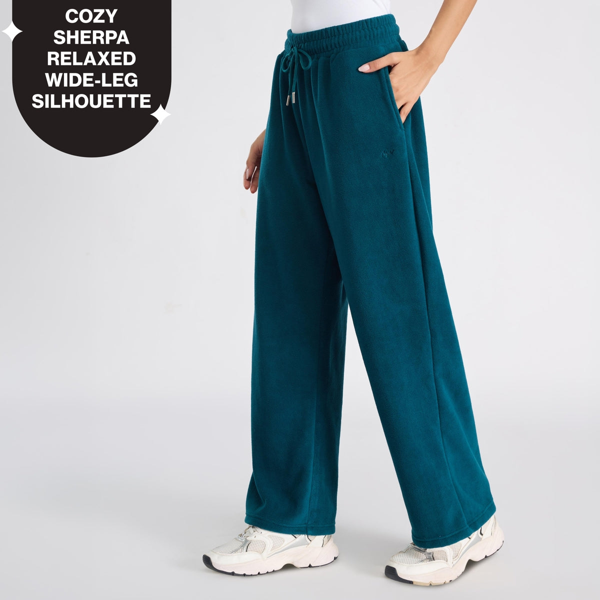 Cozy Sherpa Fleece Wide-Leg Lounge Pants with Side Pockets NYLE608 Green