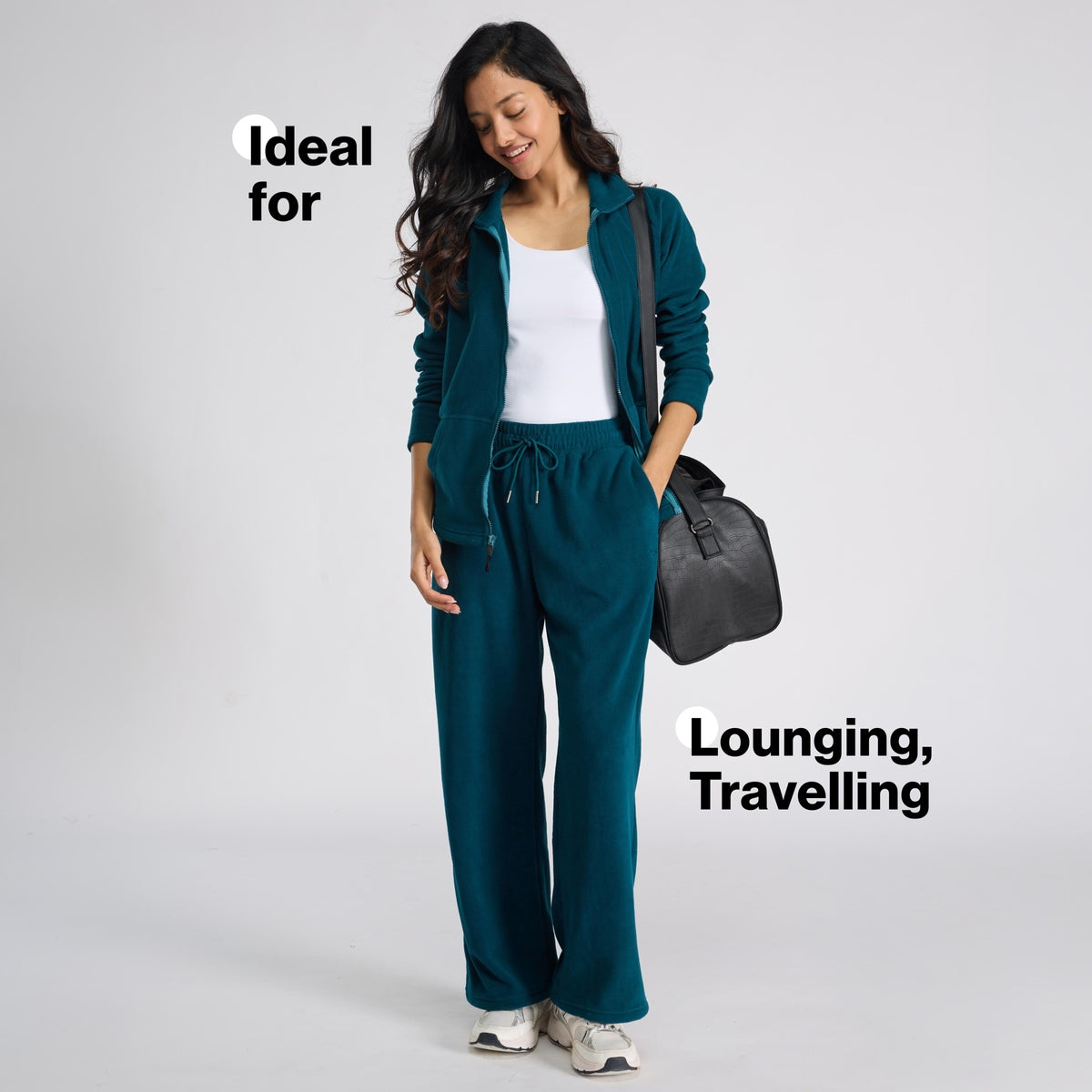 Cozy Sherpa Fleece Wide-Leg Lounge Pants with Side Pockets NYLE608 Green