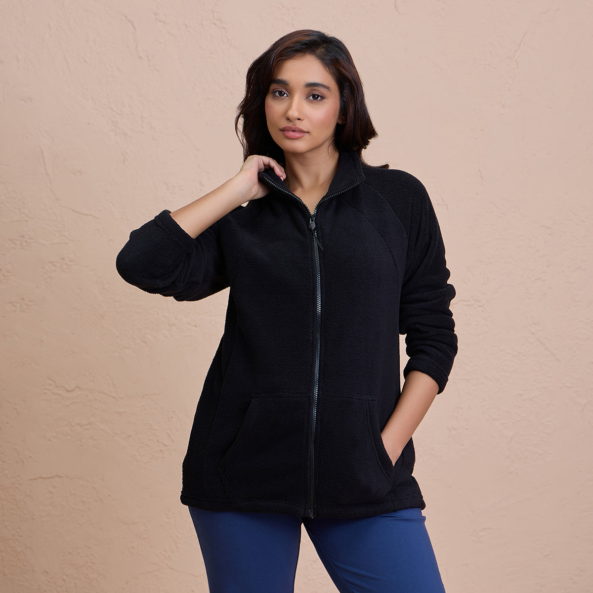 Cozy Sherpa Jacket with Zippered Front - NYLE701-Black