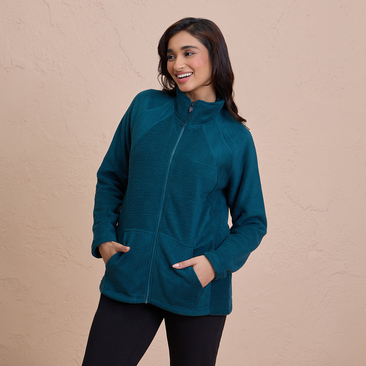 Cozy Sherpa Jacket with Zippered Front - NYLE701-Green