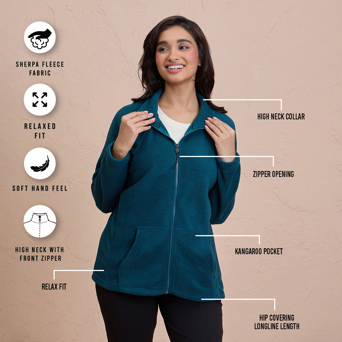 Cozy Sherpa Jacket with Zippered Front - NYLE701-Green