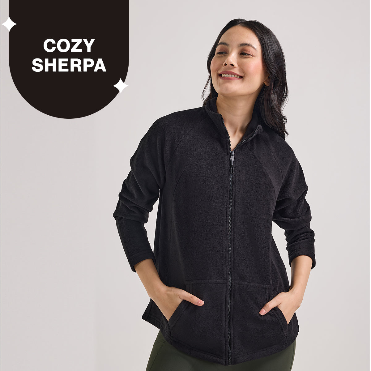 Cozy Sherpa Jacket with Zippered Front-NYLE701-Black