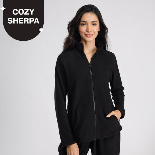 Cozy Sherpa Jacket with Zippered Front-NYLE701-Black