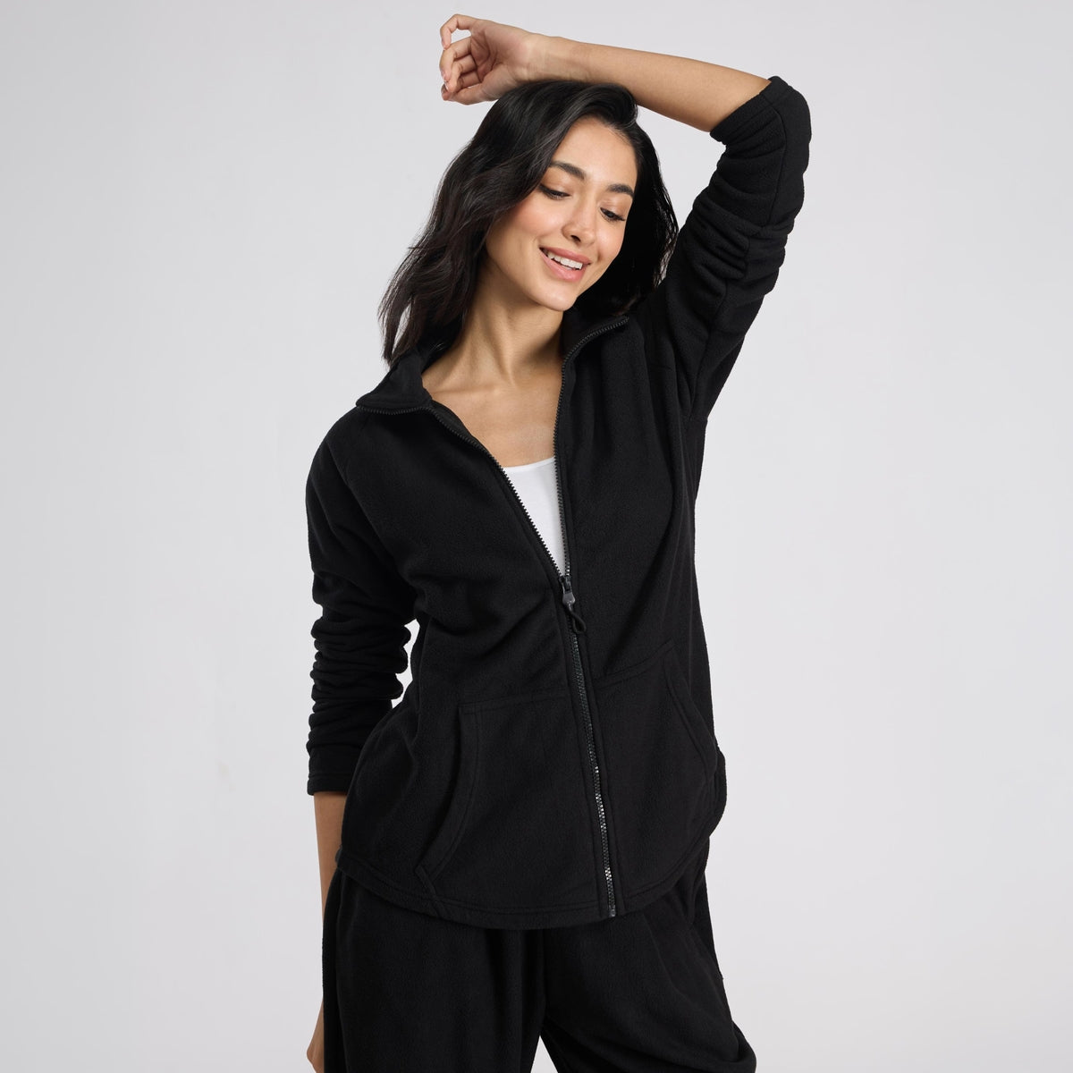 Cozy Sherpa Jacket with Zippered Front-NYLE701-Black