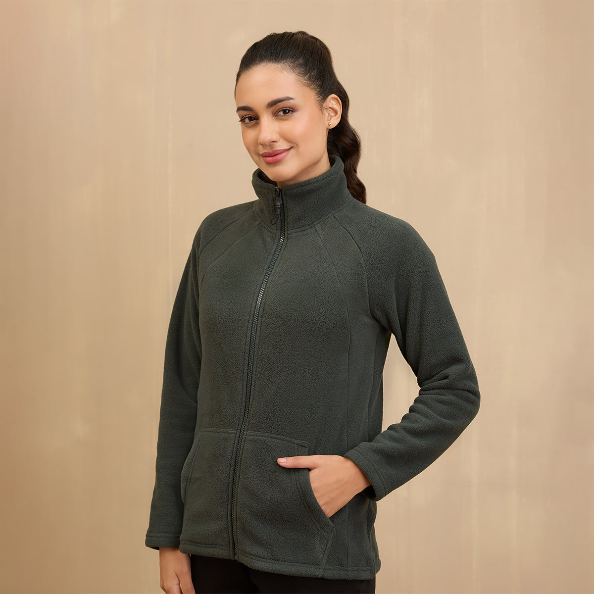 NYKD By Nykaa Cozy Sherpa Front open Jacket-NYLE701-Green