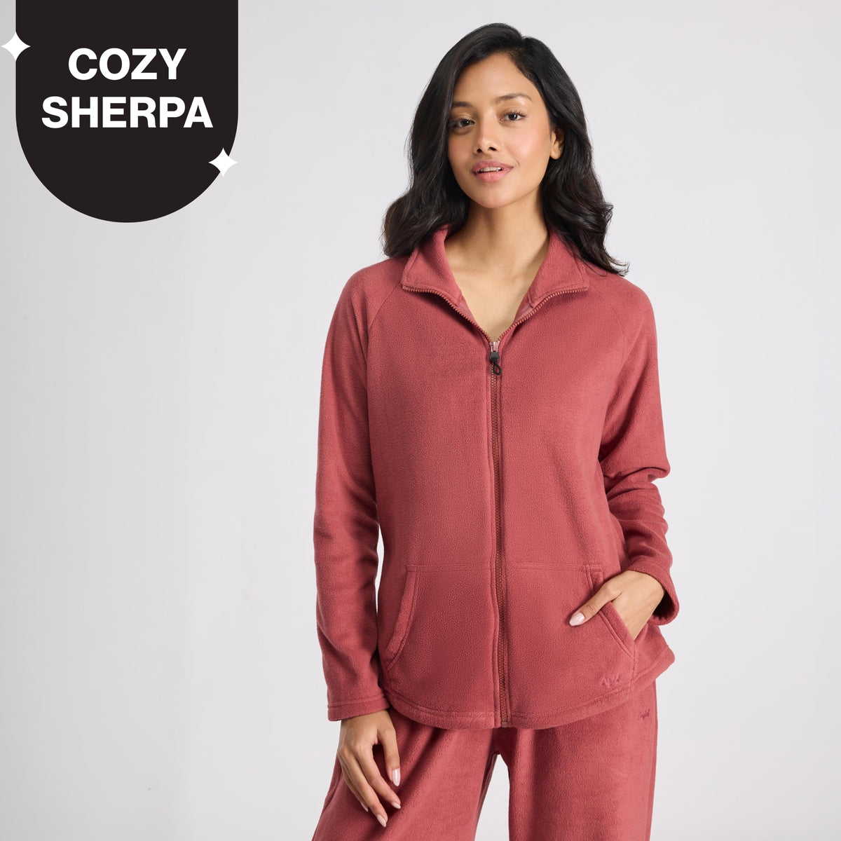 Cozy Sherpa Jacket with Zippered Front-NYLE701-Pink