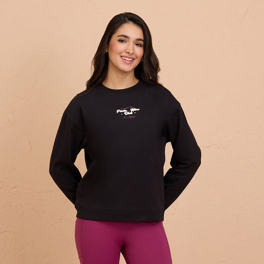 Cozy Cotton Sweatshirt in Terry with Full Seeves & Round Neck - NYLE703 -Black