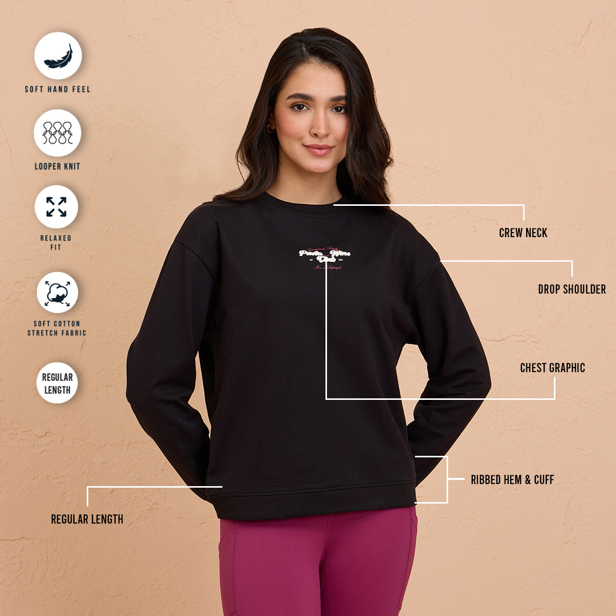 Cozy Cotton Sweatshirt in Terry with Full Seeves & Round Neck - NYLE703 -Black