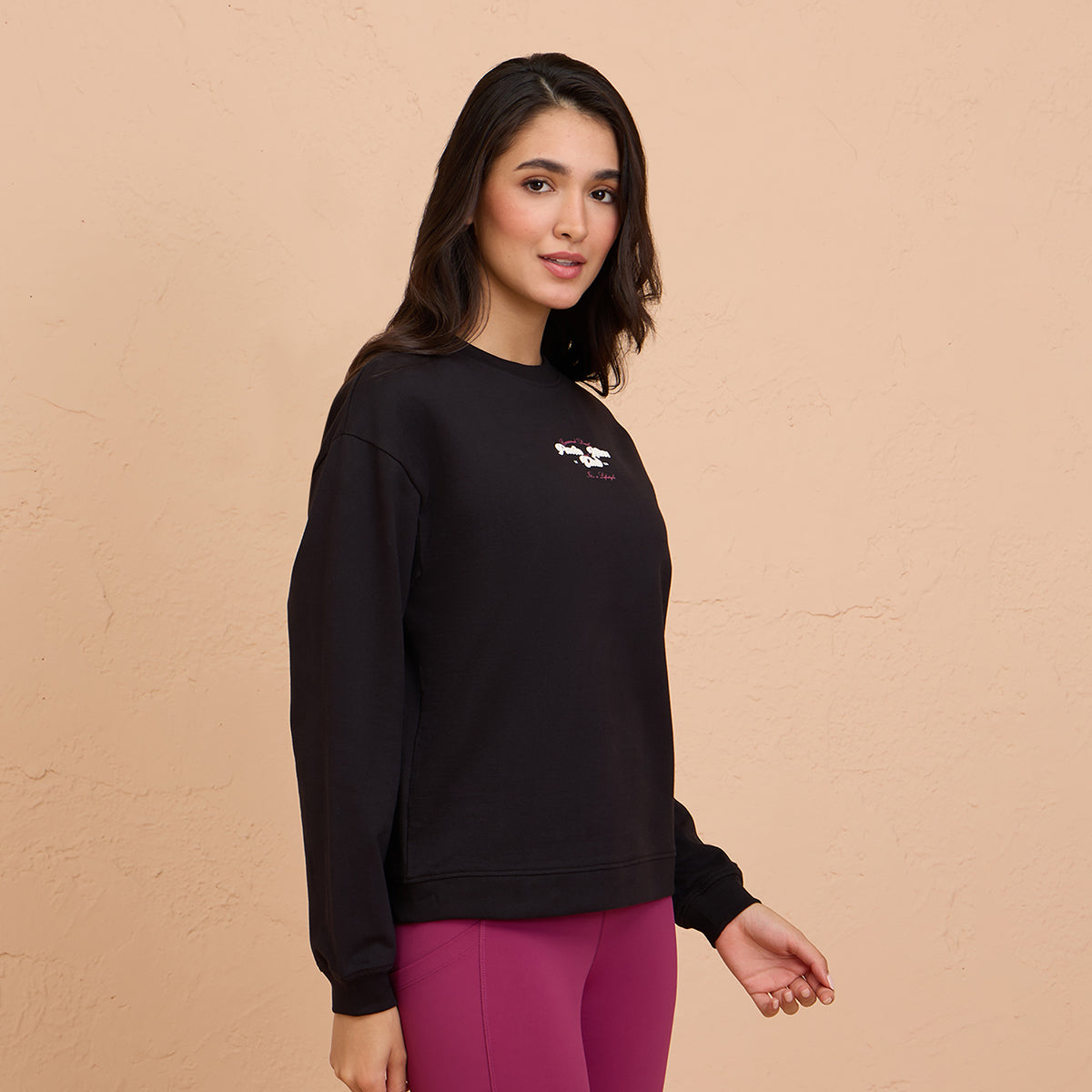 Cozy Cotton Sweatshirt in Terry with Full Seeves & Round Neck - NYLE703 -Black