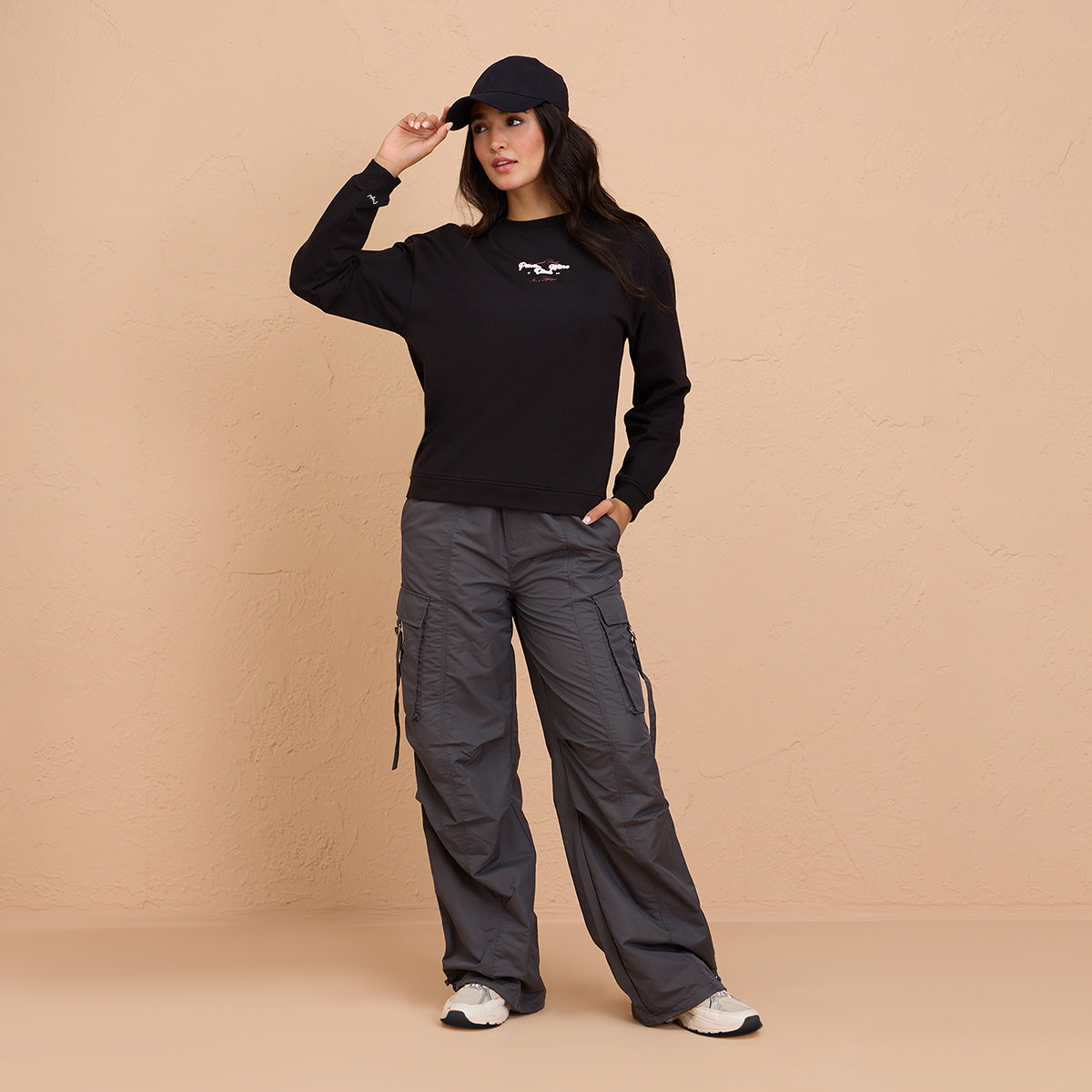 Cozy Cotton Sweatshirt in Terry with Full Seeves & Round Neck - NYLE703 -Black