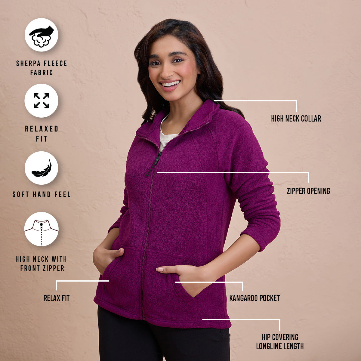 Cozy Sherpa Jacket with Zippered Front - NYLE701-Wine