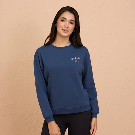 Cozy Cotton Sweatshirt in Terry with Full Seeves & Round Neck - NYLE703 -Blue