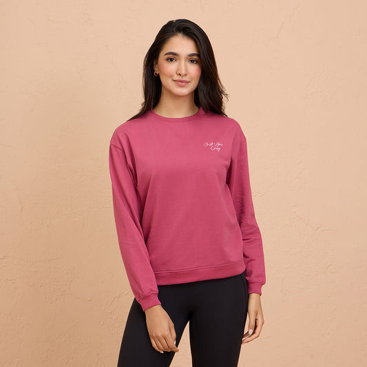 Cozy Cotton Sweatshirt in Terry with Full Seeves & Round Neck - NYLE703 -Grape