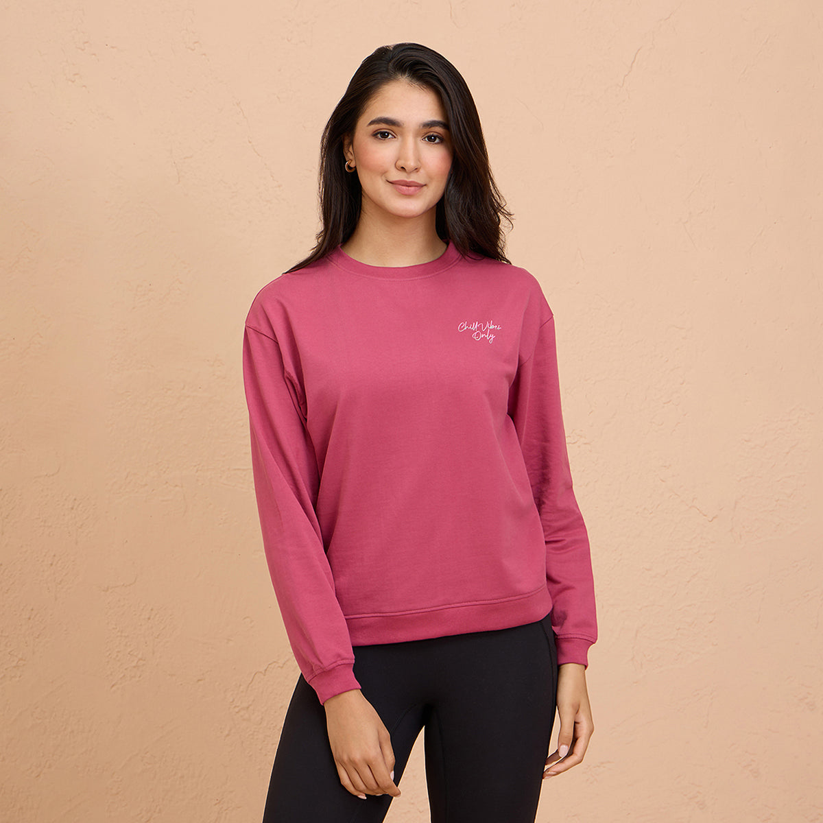 Cozy Cotton Sweatshirt in Terry with Full Seeves & Round Neck-NYLE703-Grape