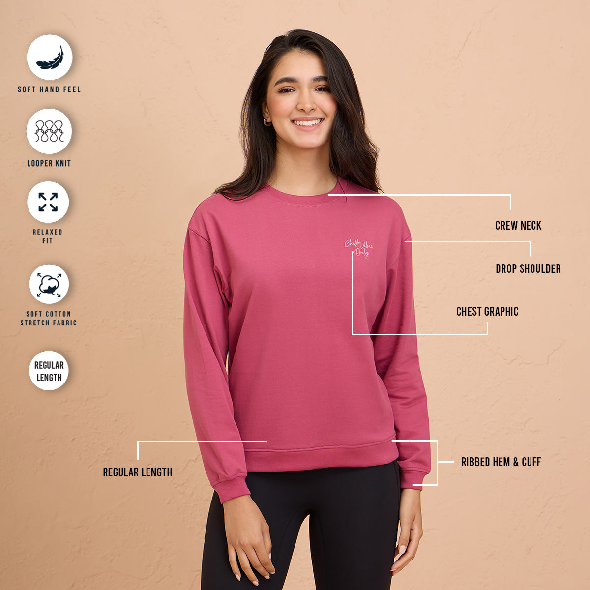 Cozy Cotton Sweatshirt in Terry with Full Seeves & Round Neck - NYLE703 -Grape