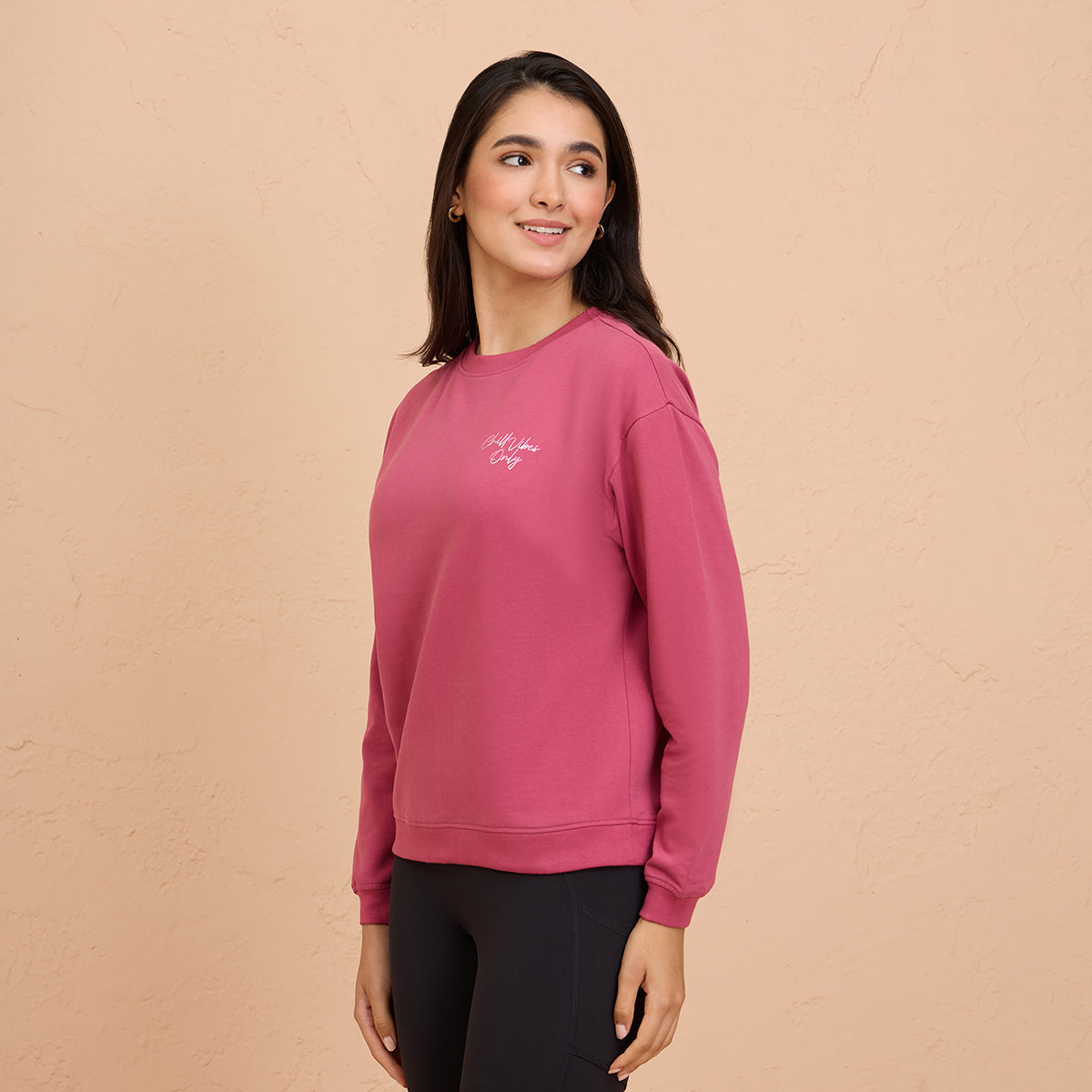 Cozy Cotton Sweatshirt in Terry with Full Seeves & Round Neck - NYLE703 -Grape