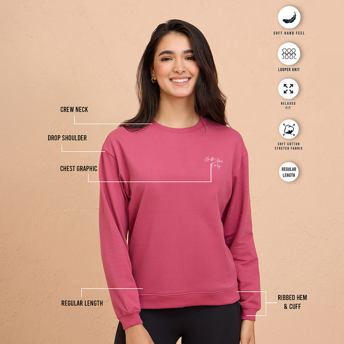 Cozy Cotton Sweatshirt in Terry with Full Seeves & Round Neck-NYLE703-Grape