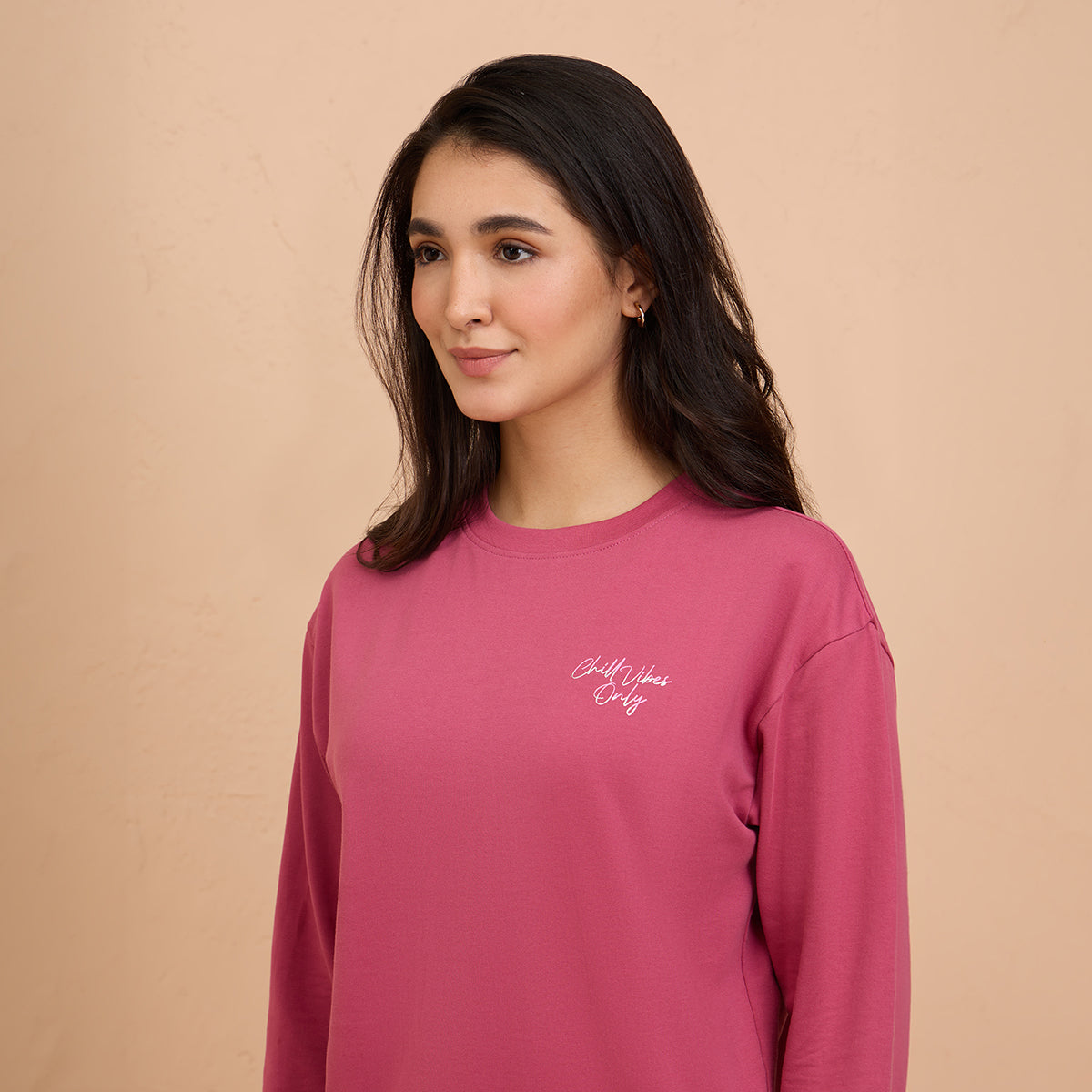 Cozy Cotton Sweatshirt in Terry with Full Seeves & Round Neck - NYLE703 -Grape