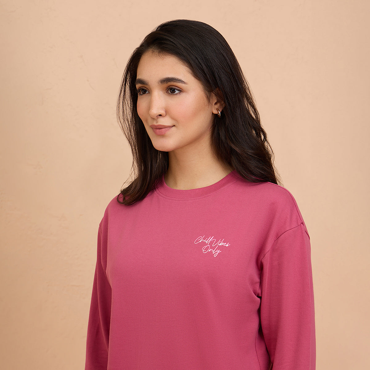 Cozy Cotton Sweatshirt in Terry with Full Seeves & Round Neck-NYLE703-Grape