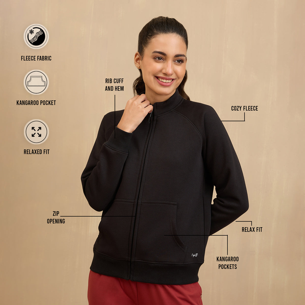 NYKD By Nykaa Cozy Fleece Zippered Jacket -NYLE704-Jet Black