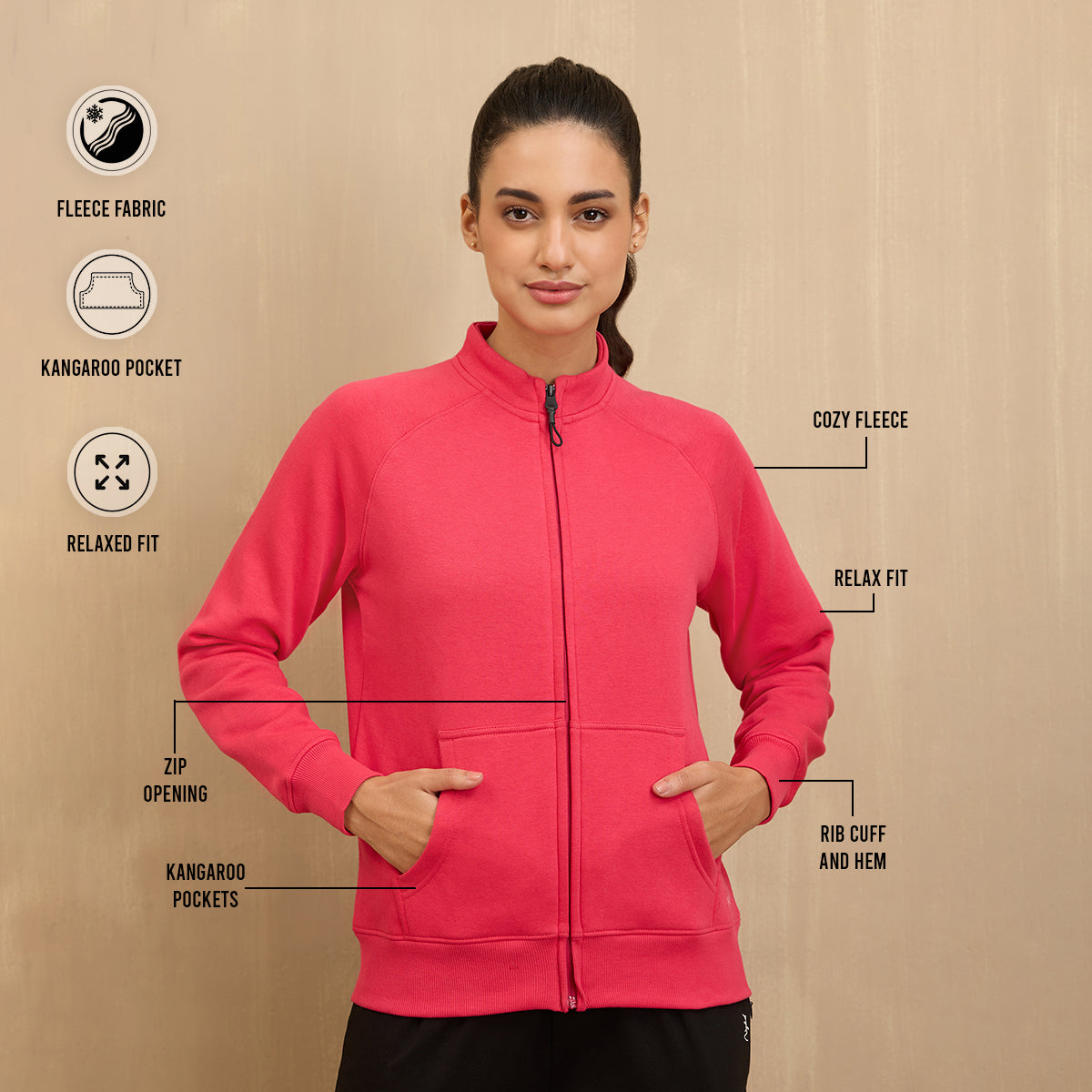 NYKD By Nykaa Cozy FleeceZippered Jacket -NYLE704-Red