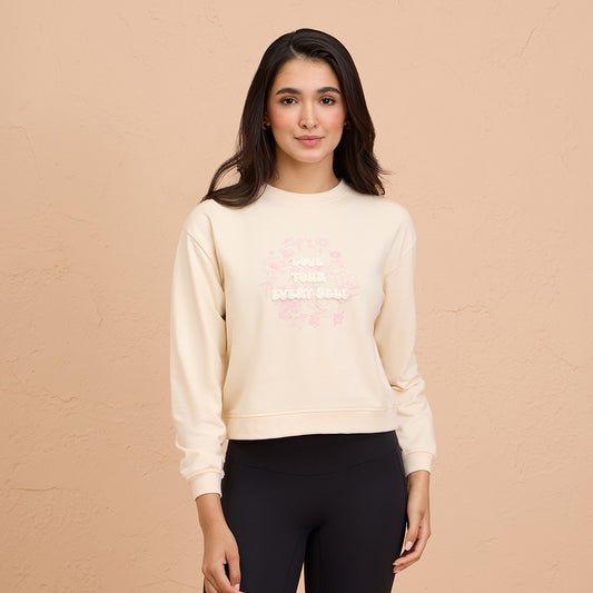 Cropped Cotton Sweatshirt with Full Seeves & Round neck - NYLE705 -Off White