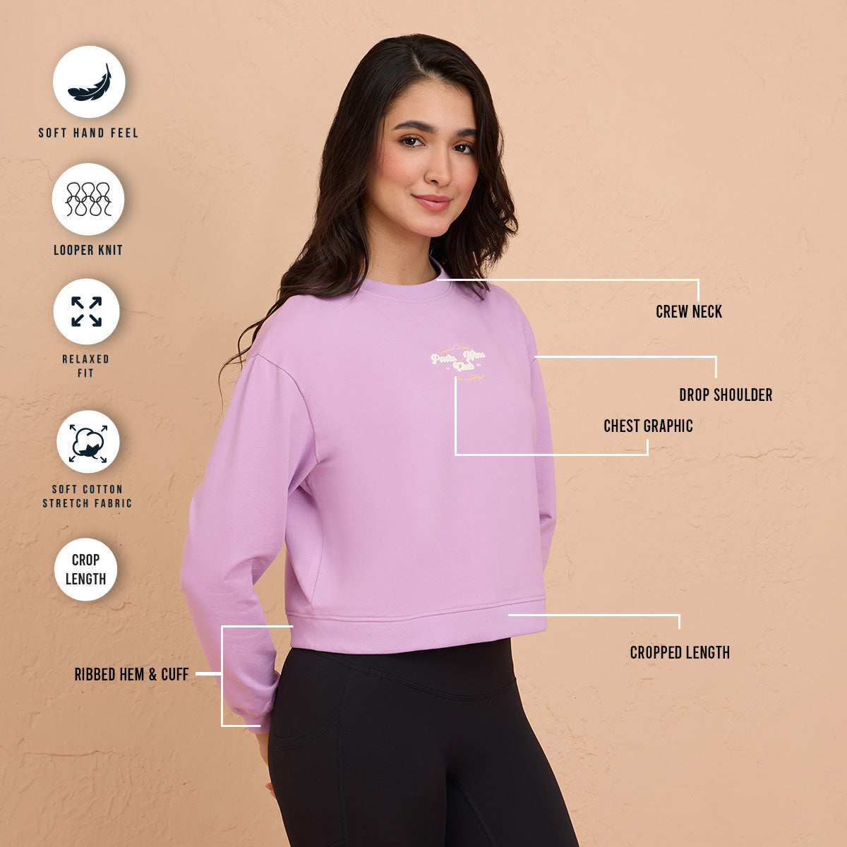 Cropped Cotton Sweatshirt in Terry with Full Seeves & Round Neck - NYLE705 -Purple