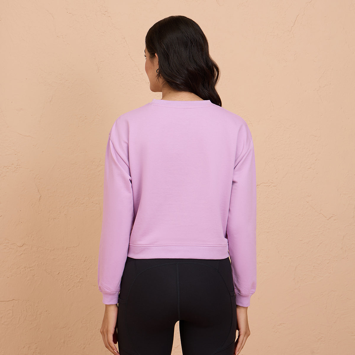 Cropped Cotton Sweatshirt in Terry with Full Seeves & Round Neck - NYLE705 -Purple