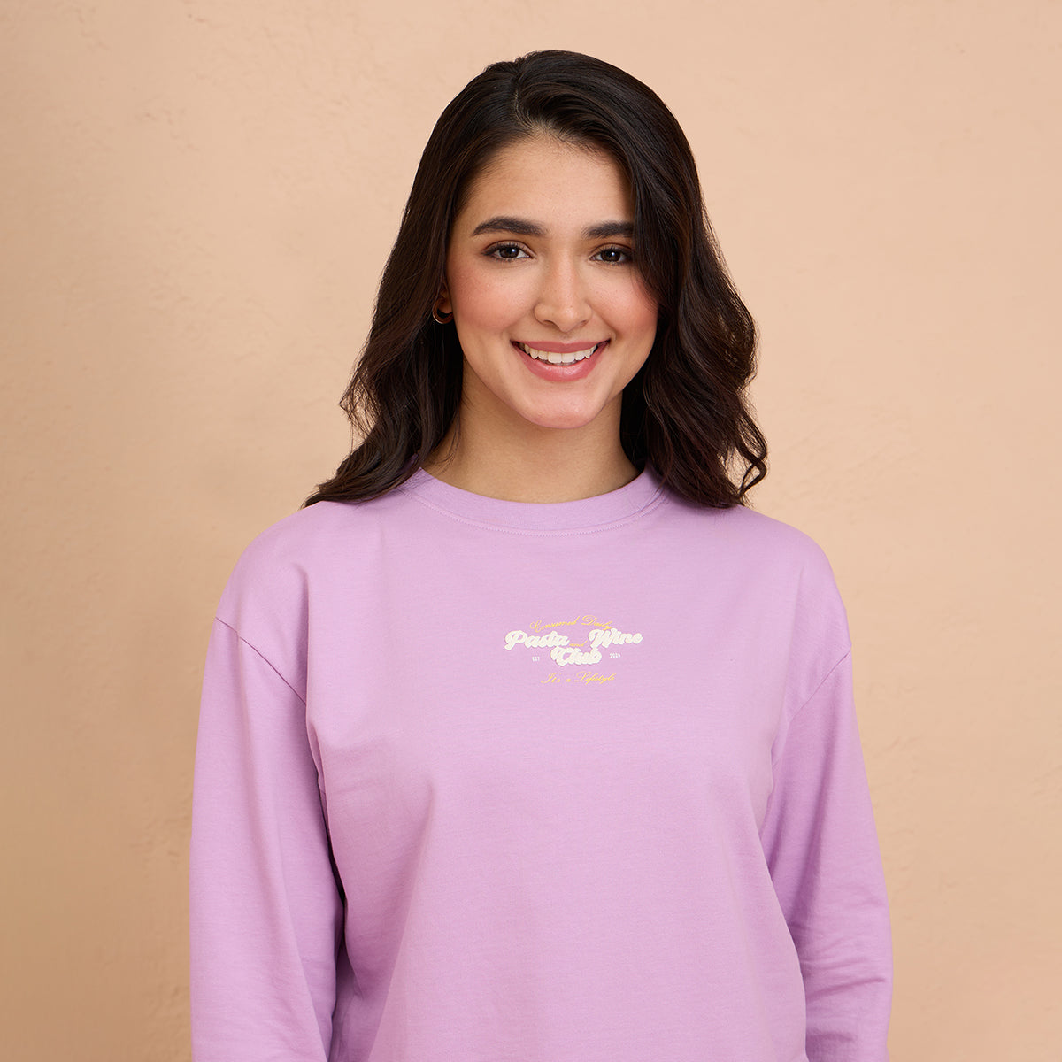 Cropped Cotton Sweatshirt in Terry with Full Seeves & Round Neck - NYLE705 -Purple