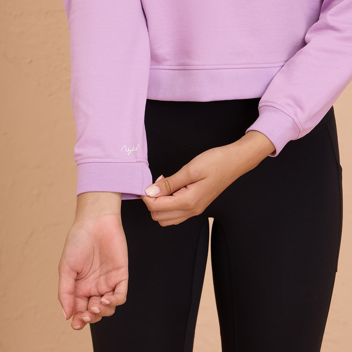 Cropped Cotton Sweatshirt in Terry with Full Seeves & Round Neck - NYLE705 -Purple