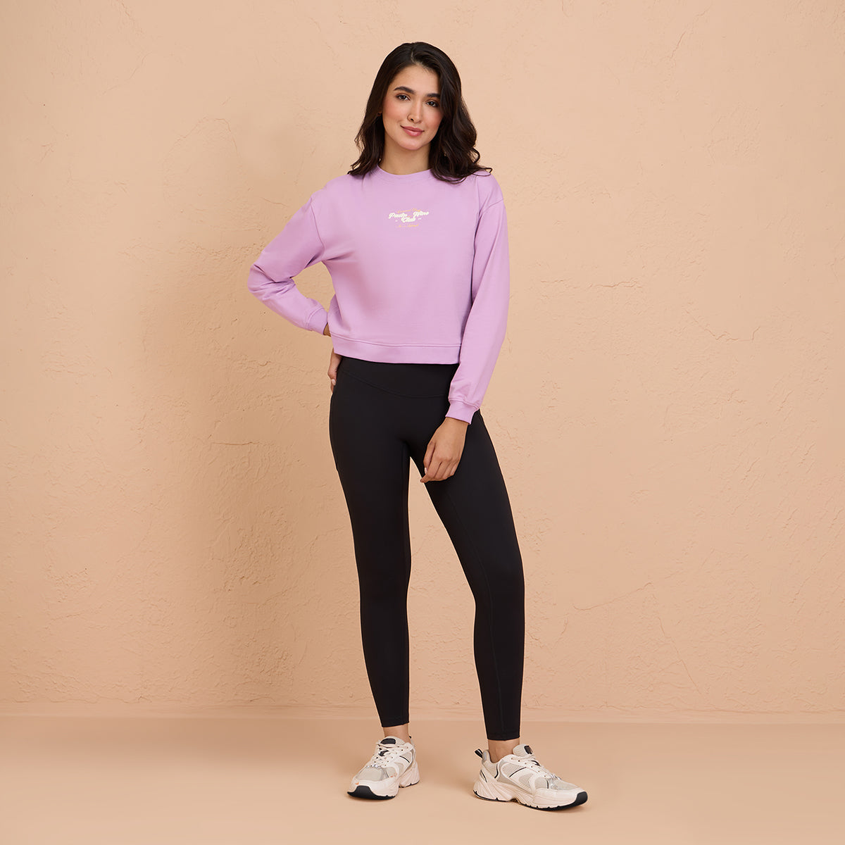 Cropped Cotton Sweatshirt in Terry with Full Seeves & Round Neck - NYLE705 -Purple