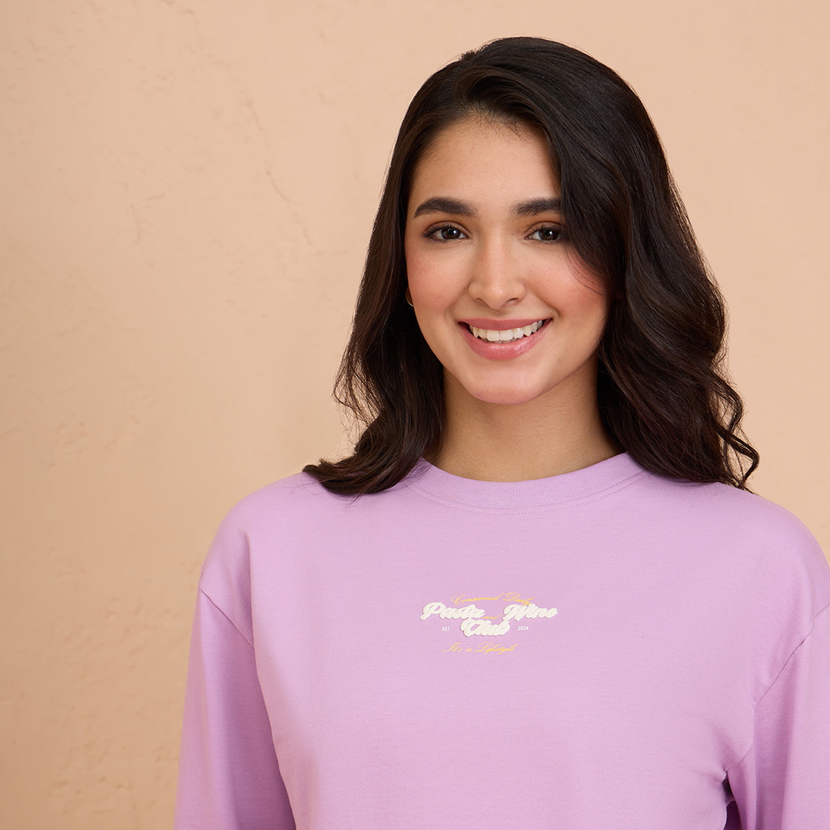 Cropped Cotton Sweatshirt in Terry with Full Seeves & Round Neck - NYLE705 -Purple