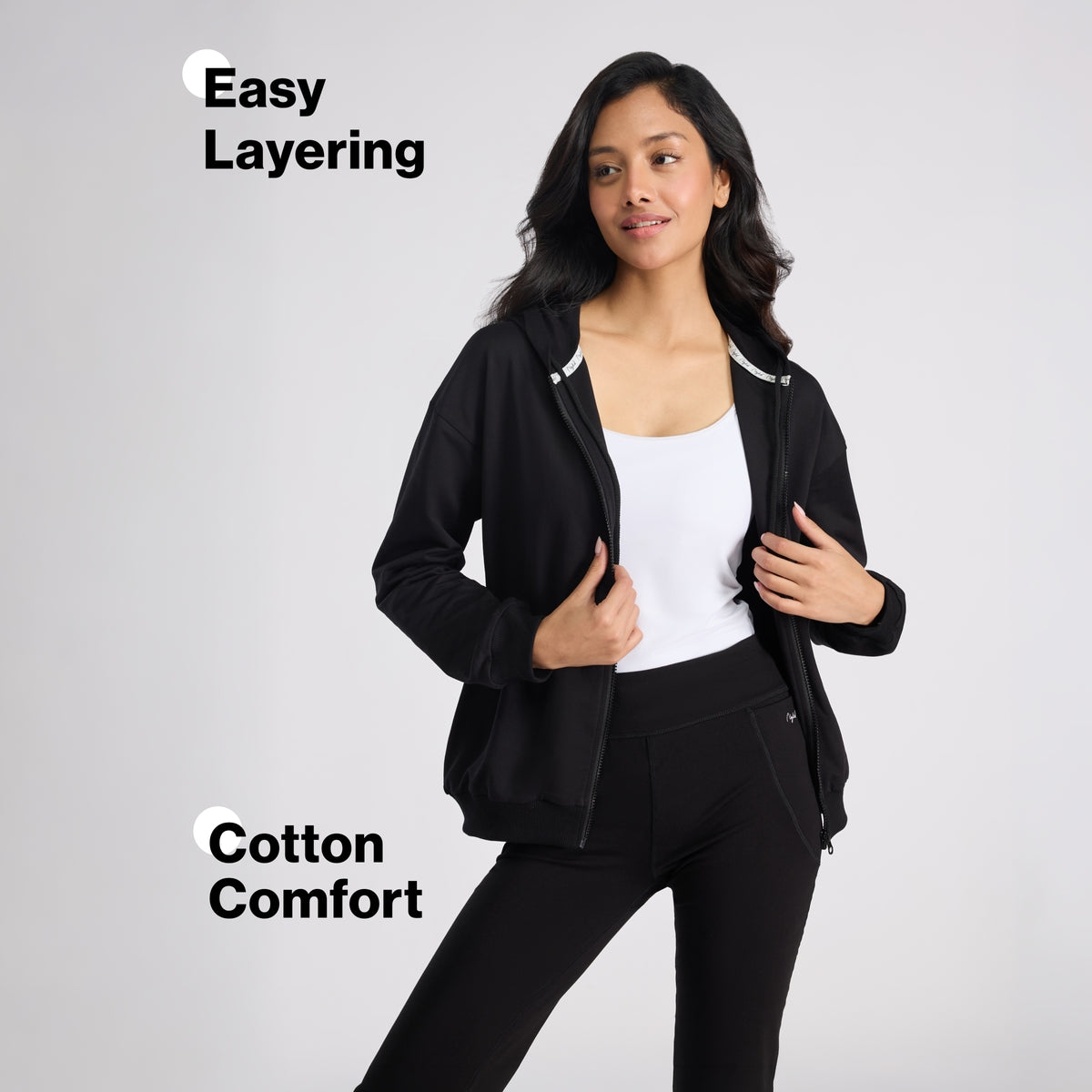 Cotton Zip Hoodie Jacket with Adjustable Hood for Gym, Travel&Everyday NYLE706 Black