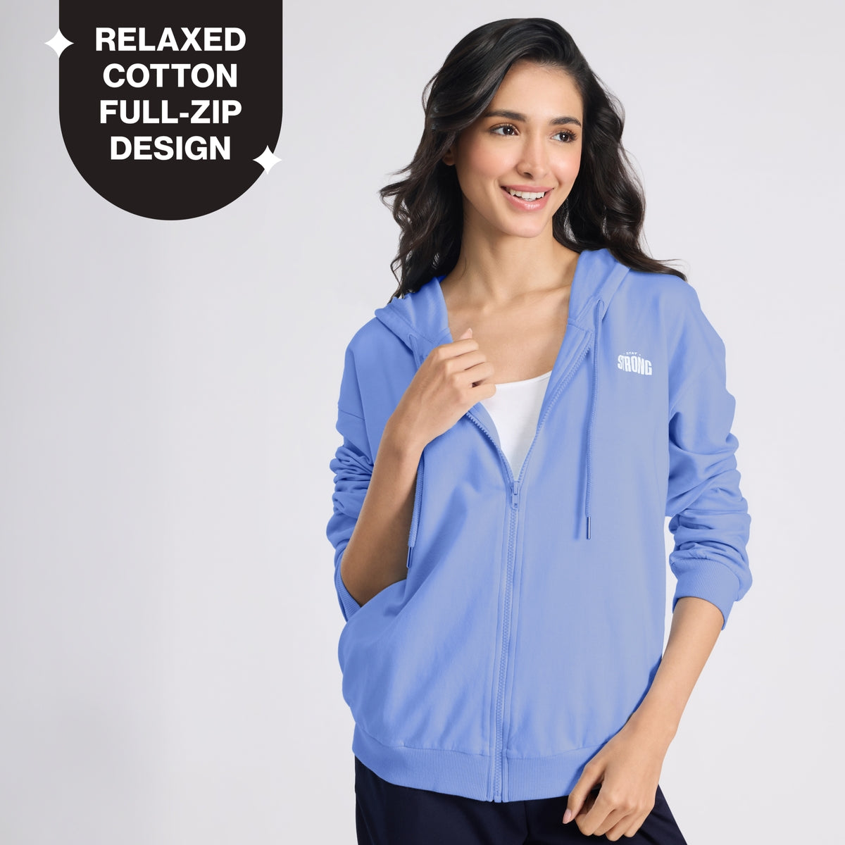 Cotton Zip Hoodie Jacket with Adjustable Hood for Gym, Travel&Everyday NYLE706 Blue