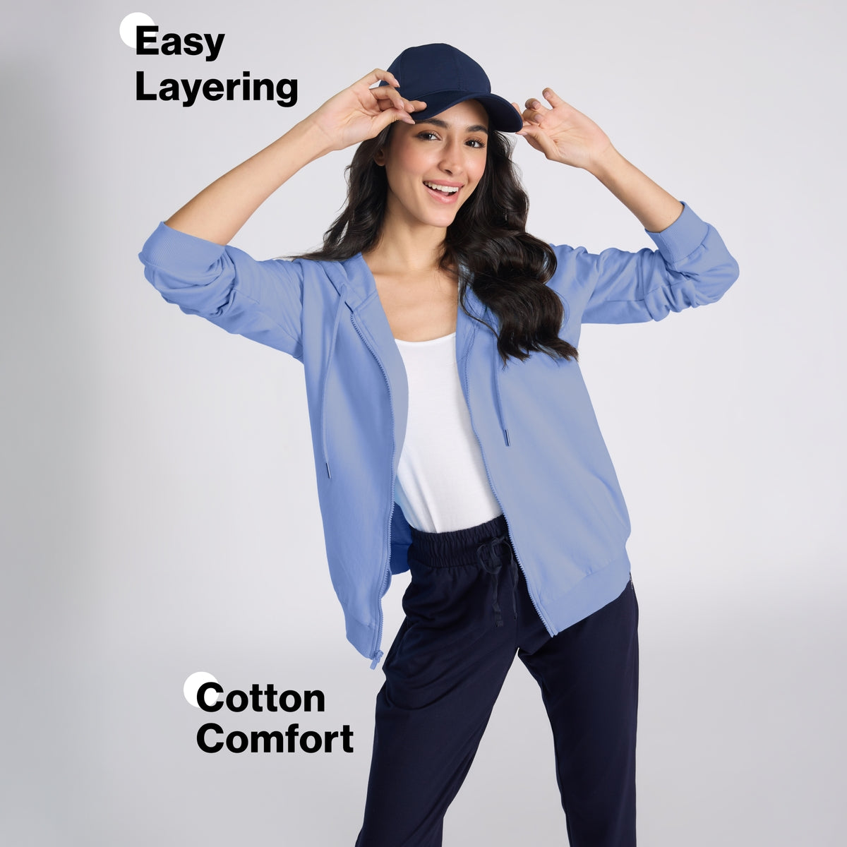 Cotton Zip Hoodie Jacket with Adjustable Hood for Gym, Travel&Everyday NYLE706 Blue