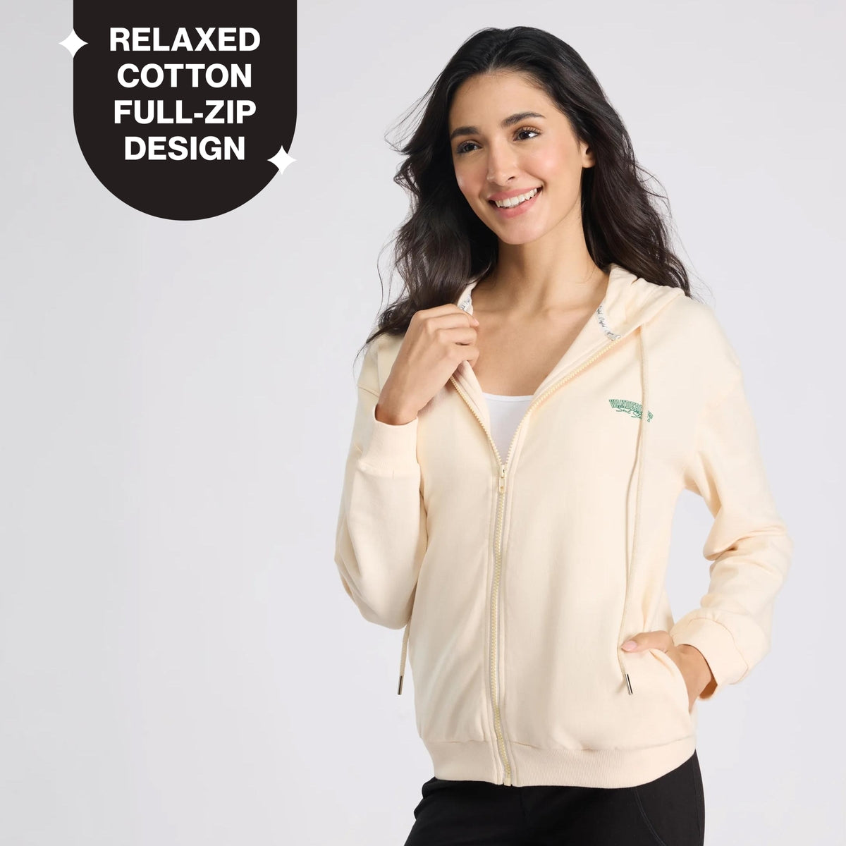 Cotton Zip Hoodie Jacket with Adjustable Hood for Gym, Travel & Everyday NYLE706 Ecru