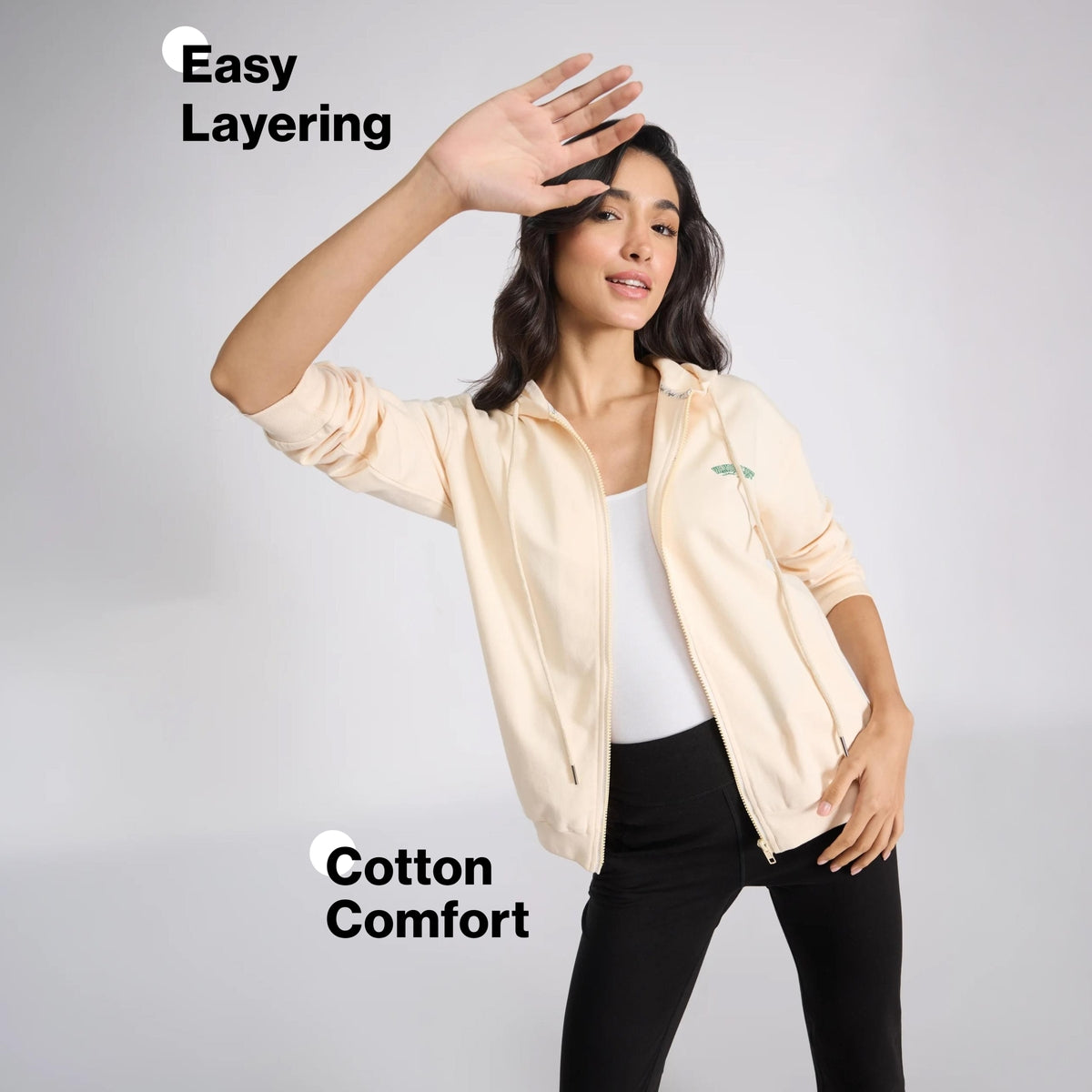 Cotton Zip Hoodie Jacket with Adjustable Hood for Gym, Travel & Everyday NYLE706 Ecru