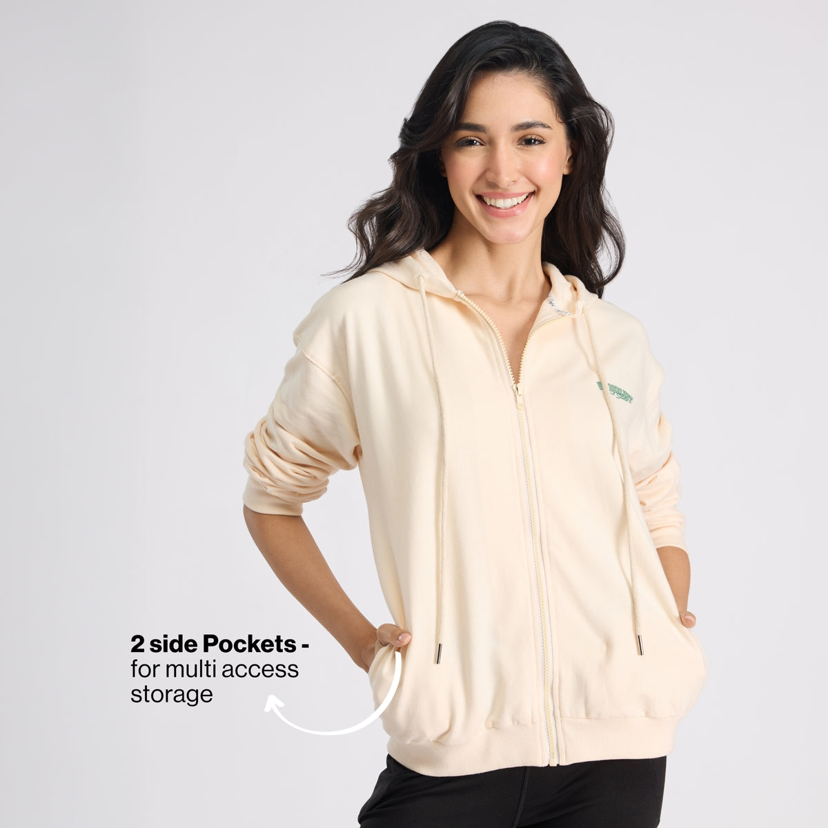 Cotton Zip Hoodie Jacket with Adjustable Hood for Gym, Travel & Everyday NYLE706 Ecru