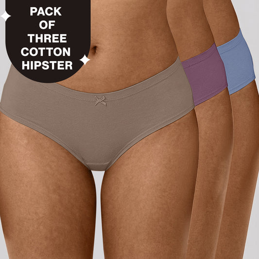 Nykd by Nykaa PO3 Mid Rise Cotton Hipster Panty with Inner Elastic-C.Blue,L Brown,Berry C NYP100