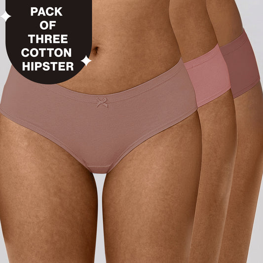 Nykd by Nykaa PO3 Mid Rise Cotton Hipster Panty with Inner Elastic-D.Rose,Rust,B.Pink NYP100