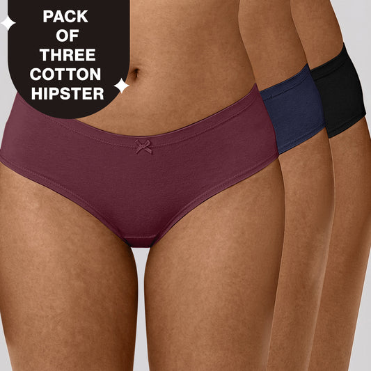 Nykd by Nykaa PO3 Mid Rise Cotton Hipster Panty with Inner Elastic-Wine/Navy/Black NYP100