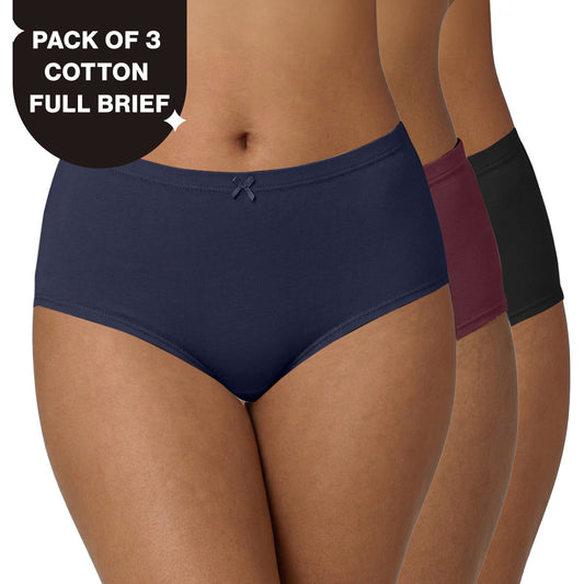Nykd by Nykaa PO3 High Rise Cotton Full Brief Panty with Inner Elastic-Wine/Navy/Black NYP104