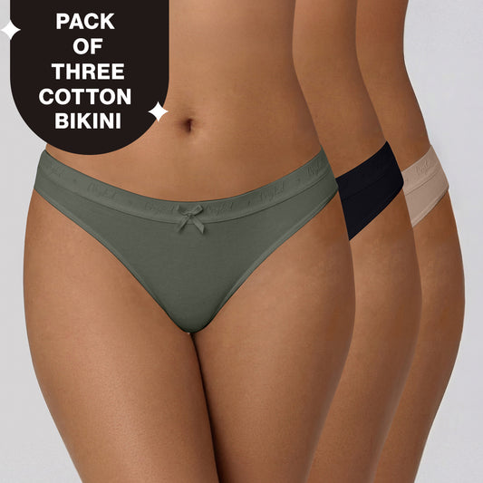 Low Rise Cotton Bikini Panty with Outer Elastic-Jet Black Taupe Green NYP390 PO3