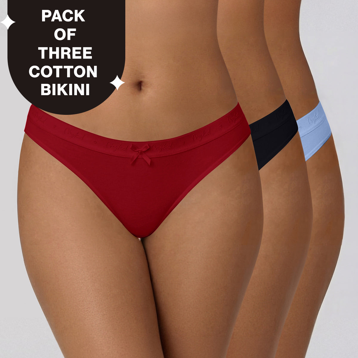 Low Rise Cotton Bikini Panty with Outer Elastic-Jet Black C Red Sky Blue NYP390 PO3
