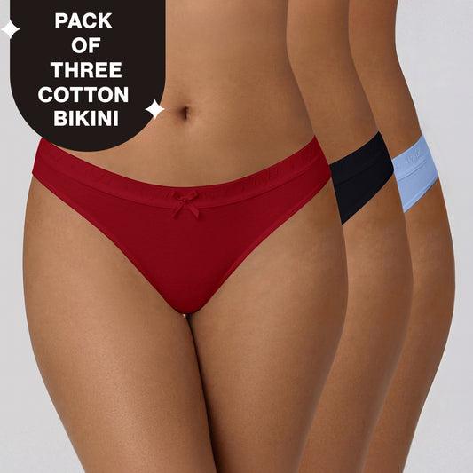 Low Rise Cotton Bikini Panty with Outer Elastic-Jet Black C Red Sky Blue NYP390 PO3