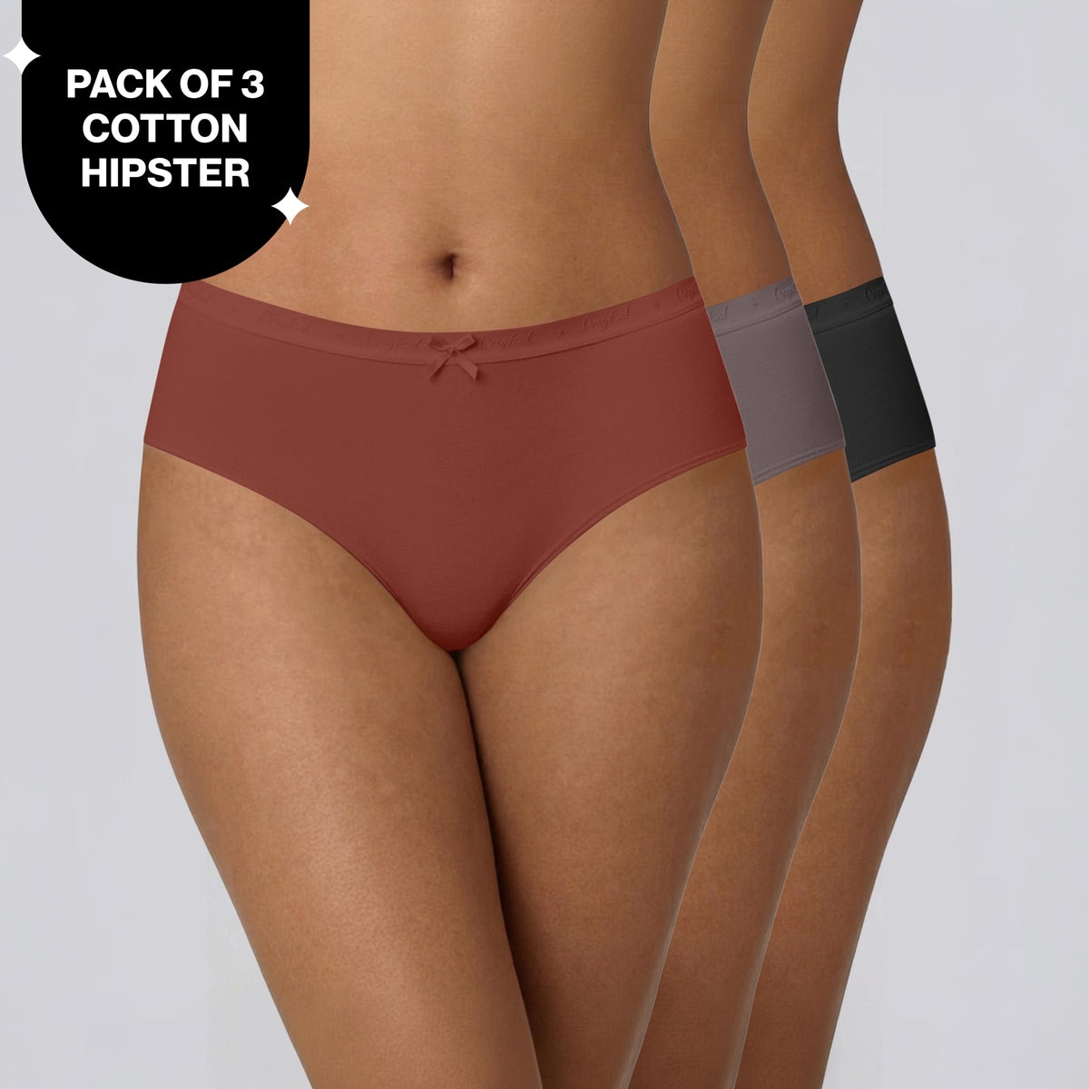 PO3 Mid Rise Cotton Hipster Panty with Outer Elastic- NYP391 B Maroon,T Plum,Jet Black